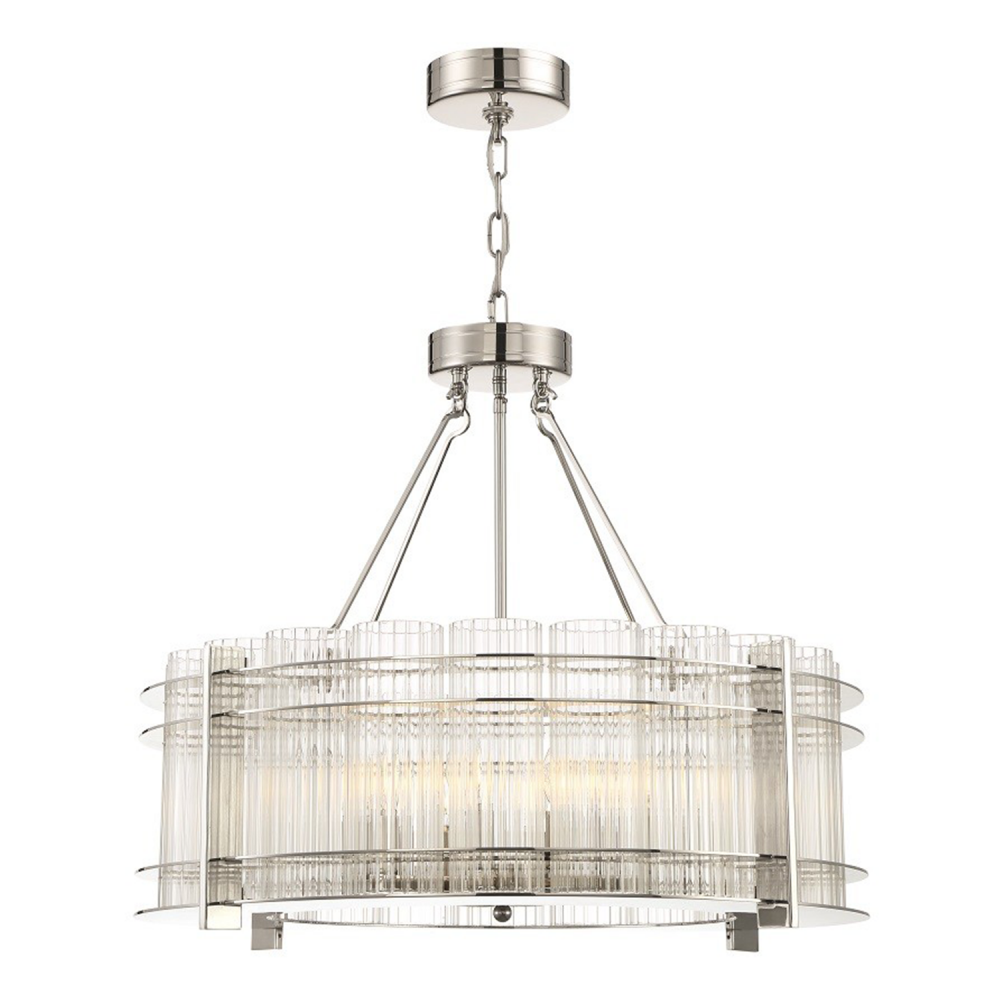 Regis 28" 10-Light, Fluted Glass Drum Chandelier in Polished Nickel