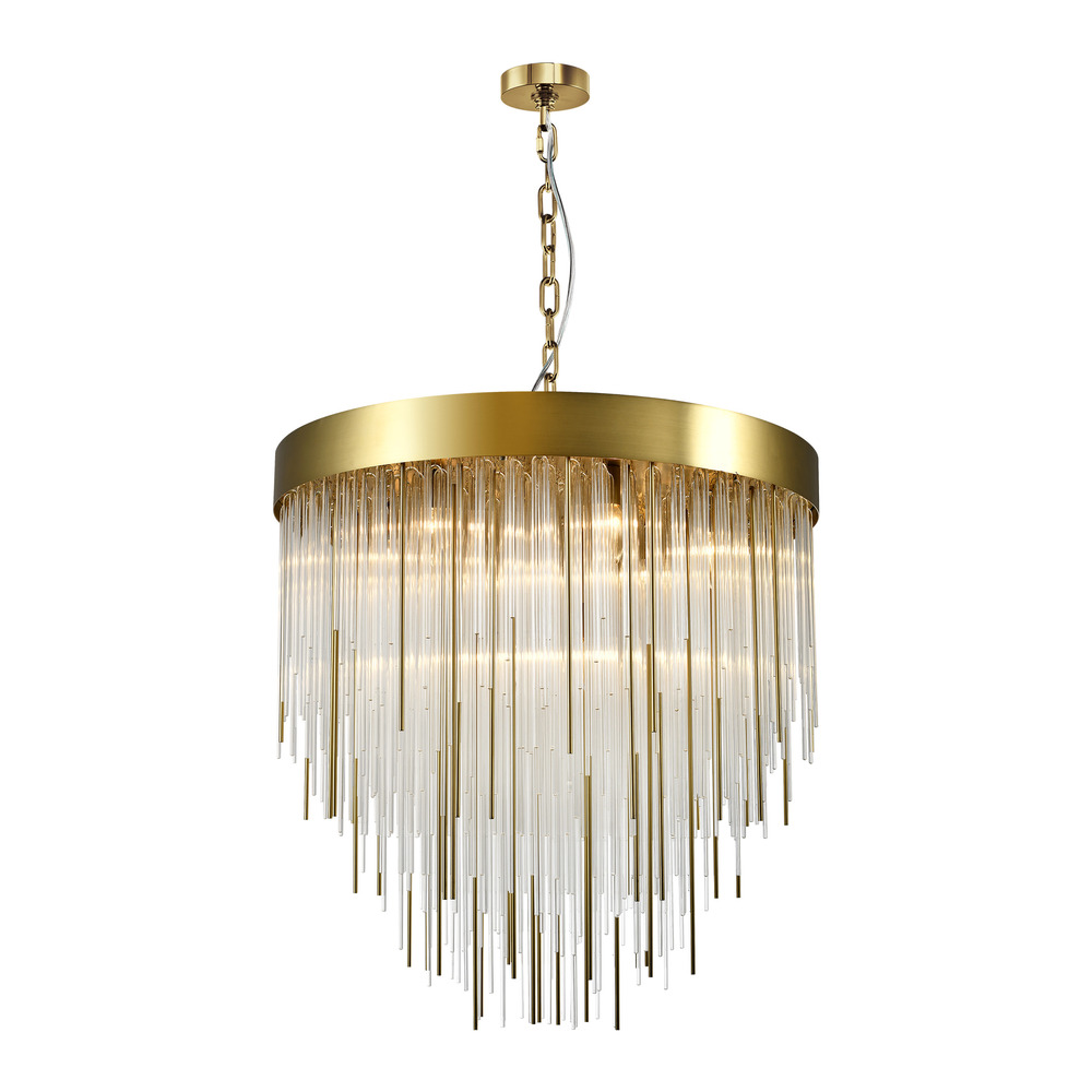 Waterfall 30" 12-Light, Round Glass Chandelier in Aged Brass