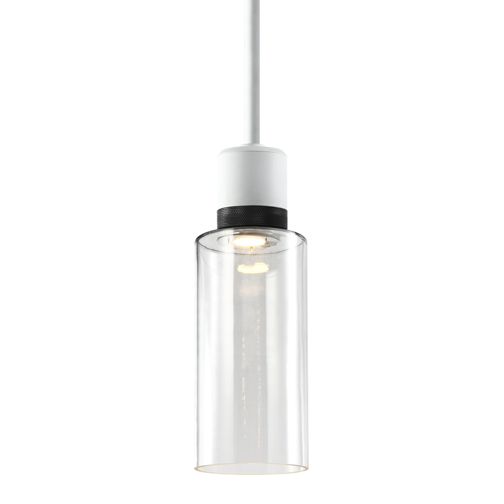 Zigrina 12" Glass Drum LED Pendant in White and Black Knurled Ring