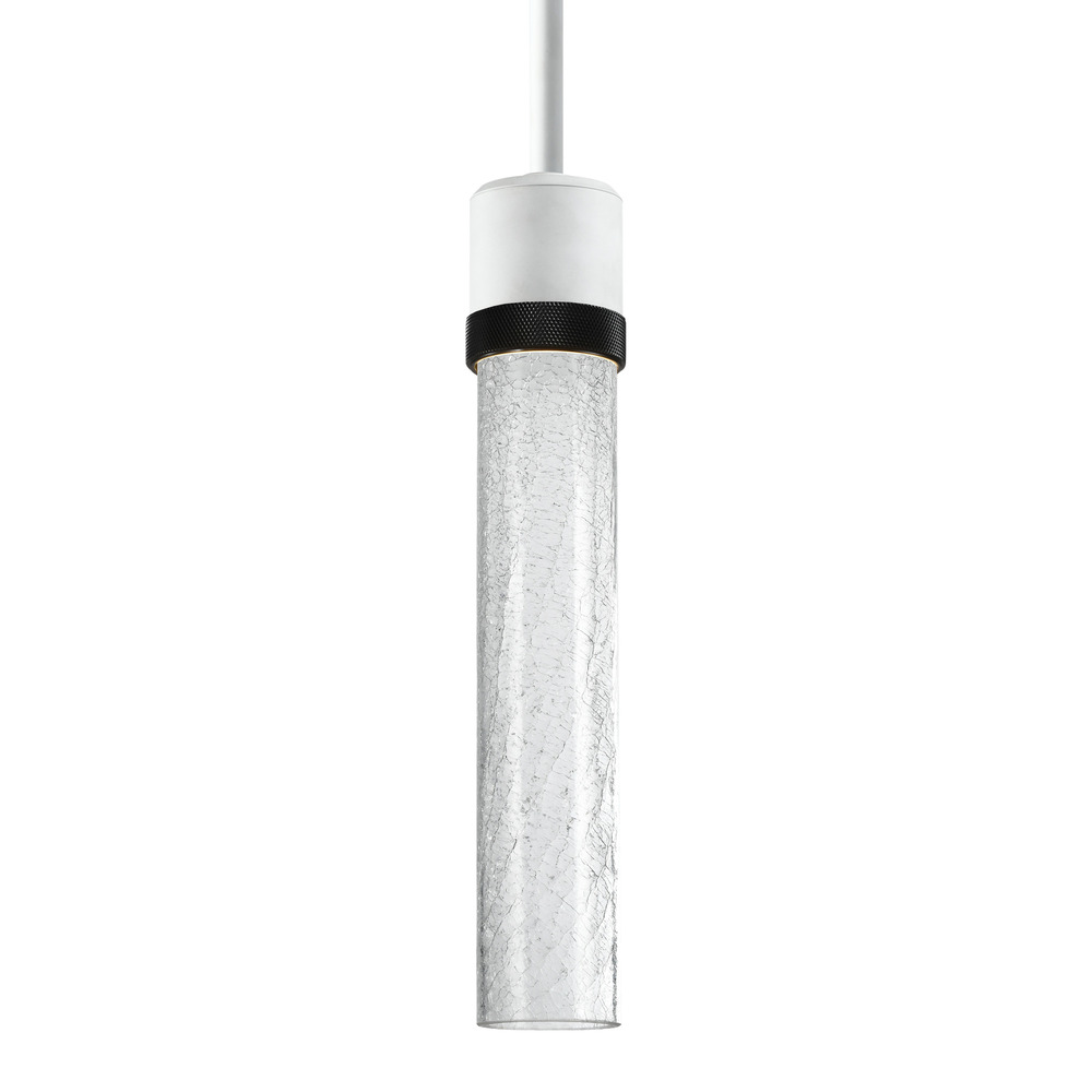 Zigrina 12" Crackled Glass LED Pendant in White and Black Knurled Ring