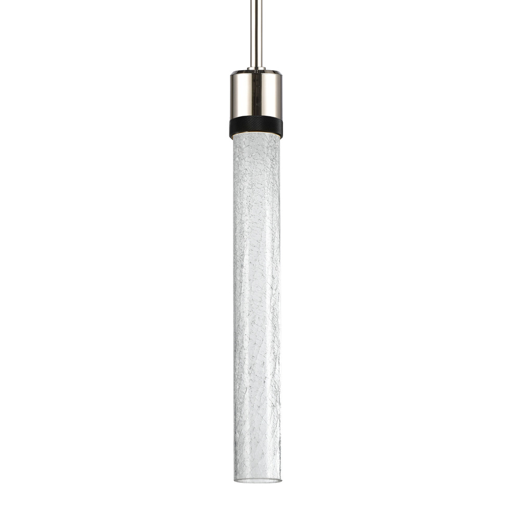 Zigrina 18" Crackled Glass LED Pendant in Nickel and Black Knurled Ring