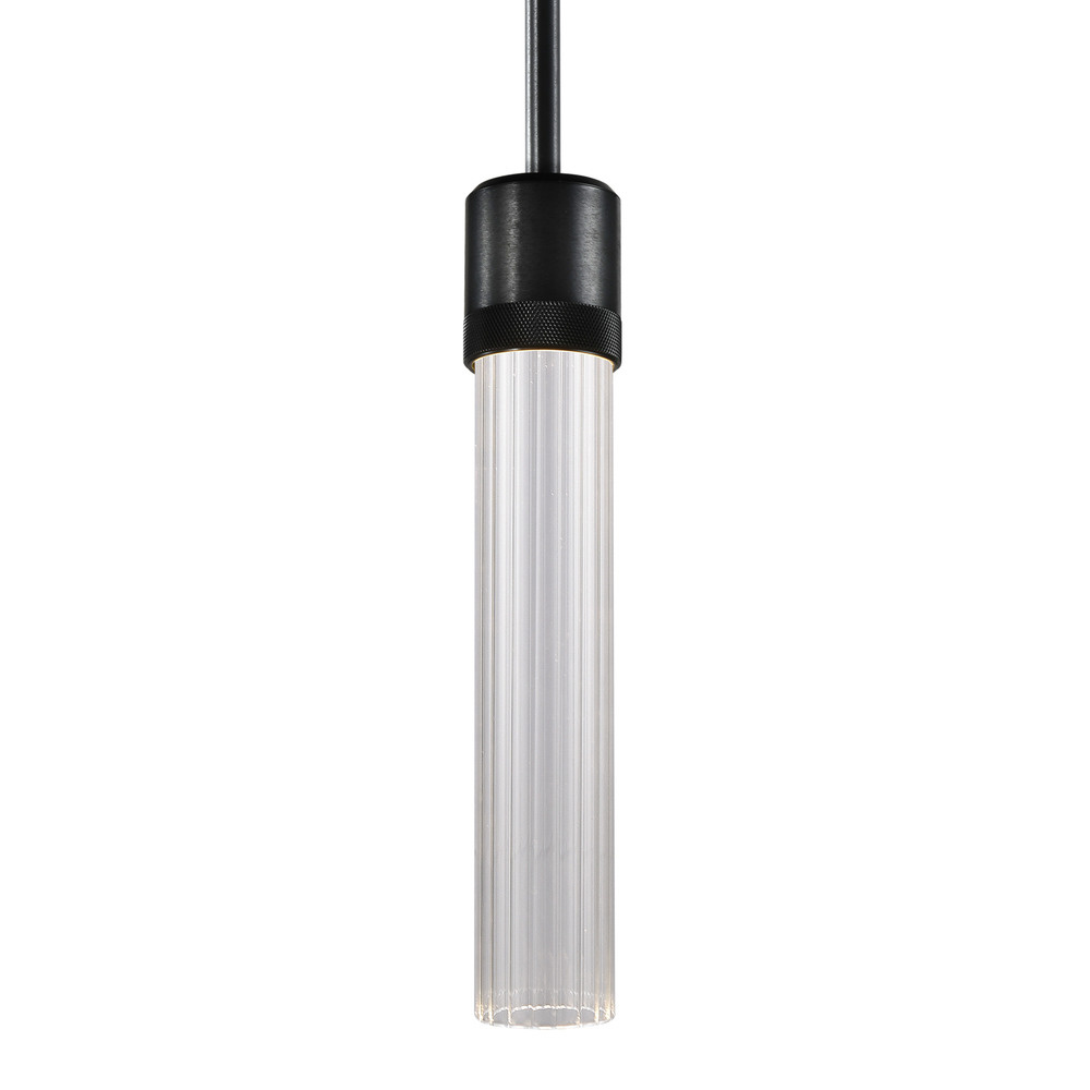 Zigrina 12" Fluted Glass LED Pendant with Knurl Ring Black