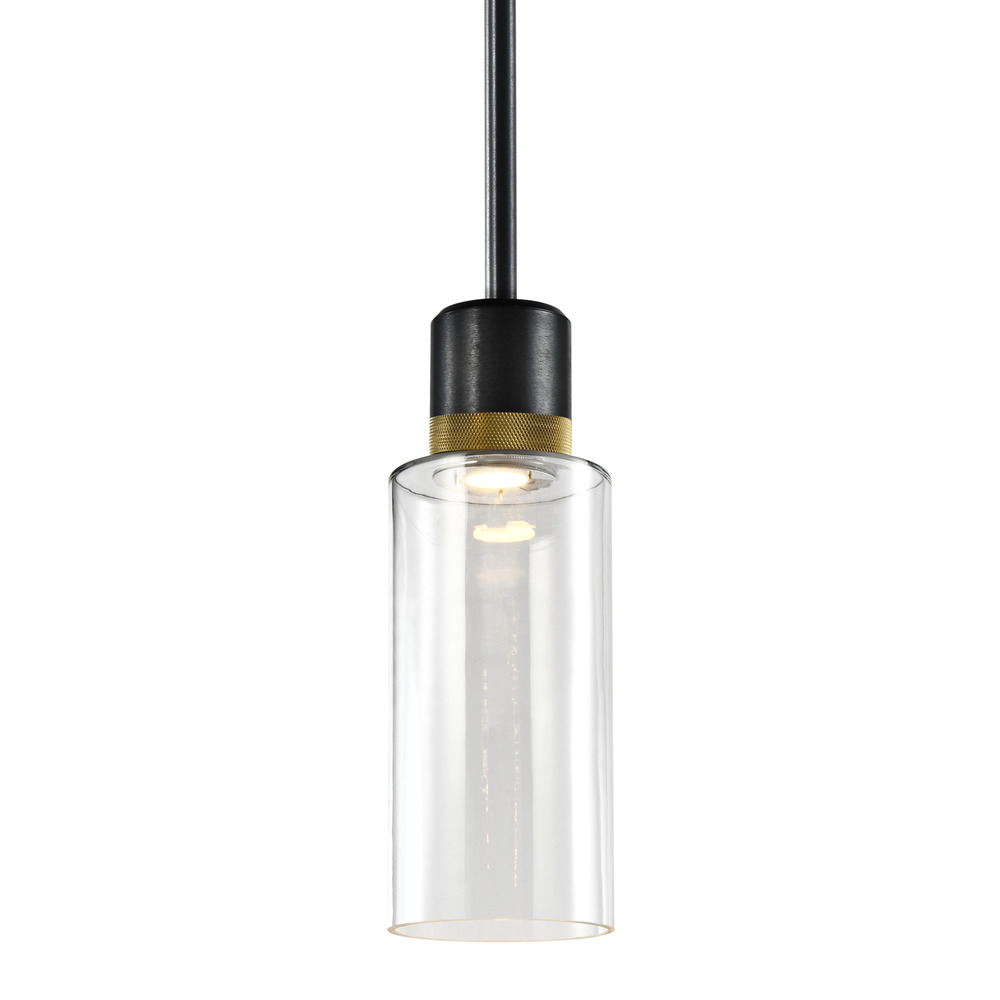 Zigrina 12" Glass Drum LED Pendant in Black and Brass Knurled Ring