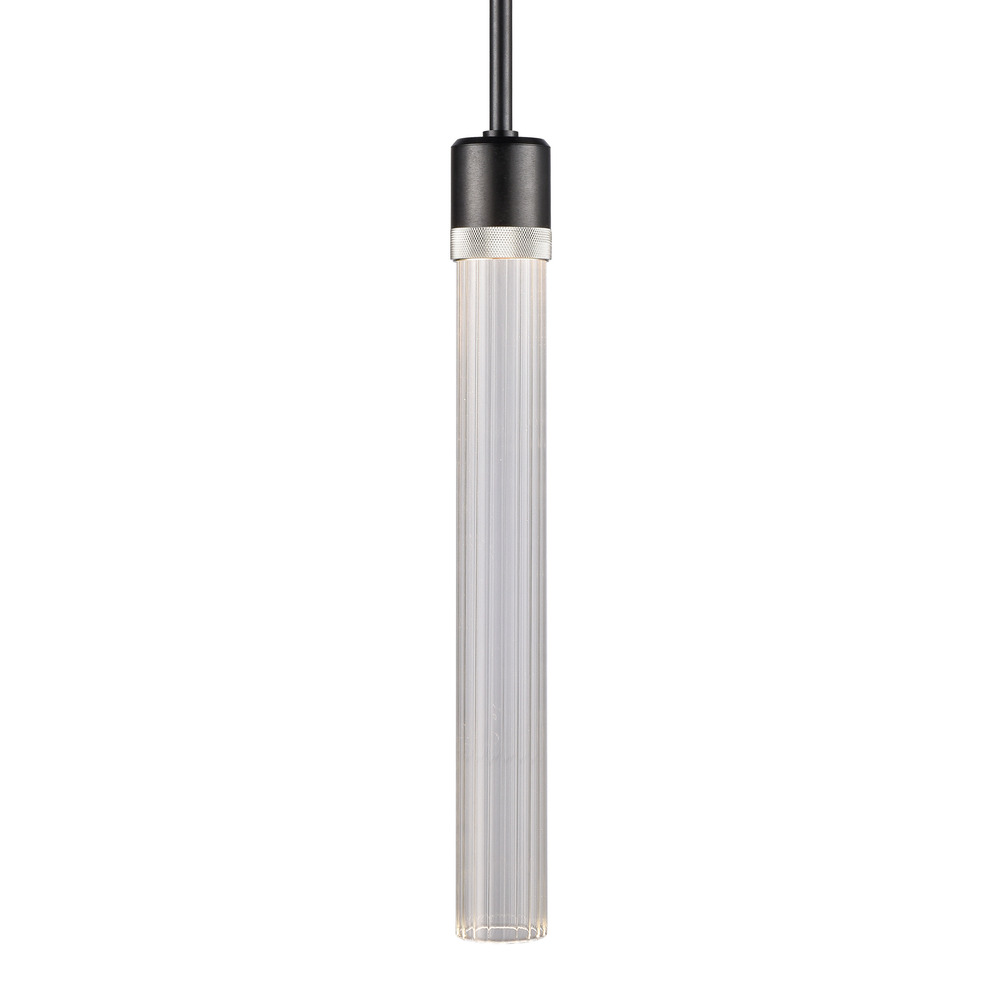 Zigrina 18" Fluted Glass LED Pendant in Black and Nickel Knurled Ring