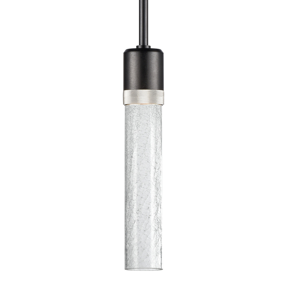 Zigrina 12" Crackled Glass LED Pendant in Black and Nickel Knurled Ring