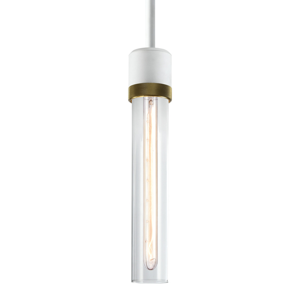 Zigrina 12" Clear Glass E26 Pendant in White with Knurled Ring in Brass
