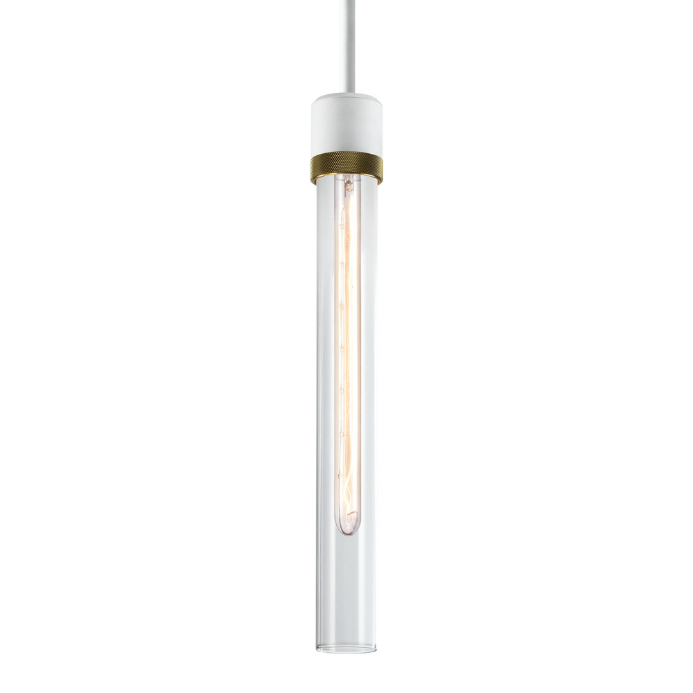 Zigrina 18" Clear Glass E26 Pendant in White with Knurled Ring in Brass