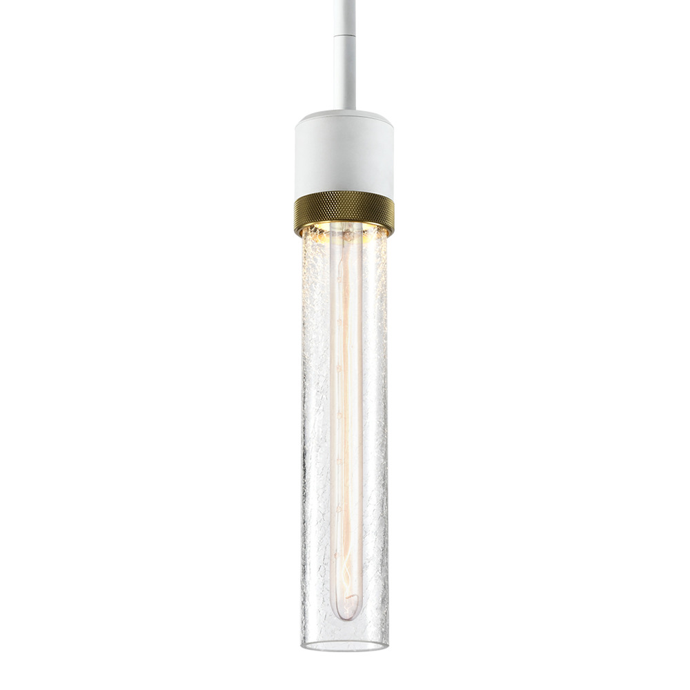 Zigrina 12" Crackled Glass E26 Pendant in White with Knurled Ring in Brass