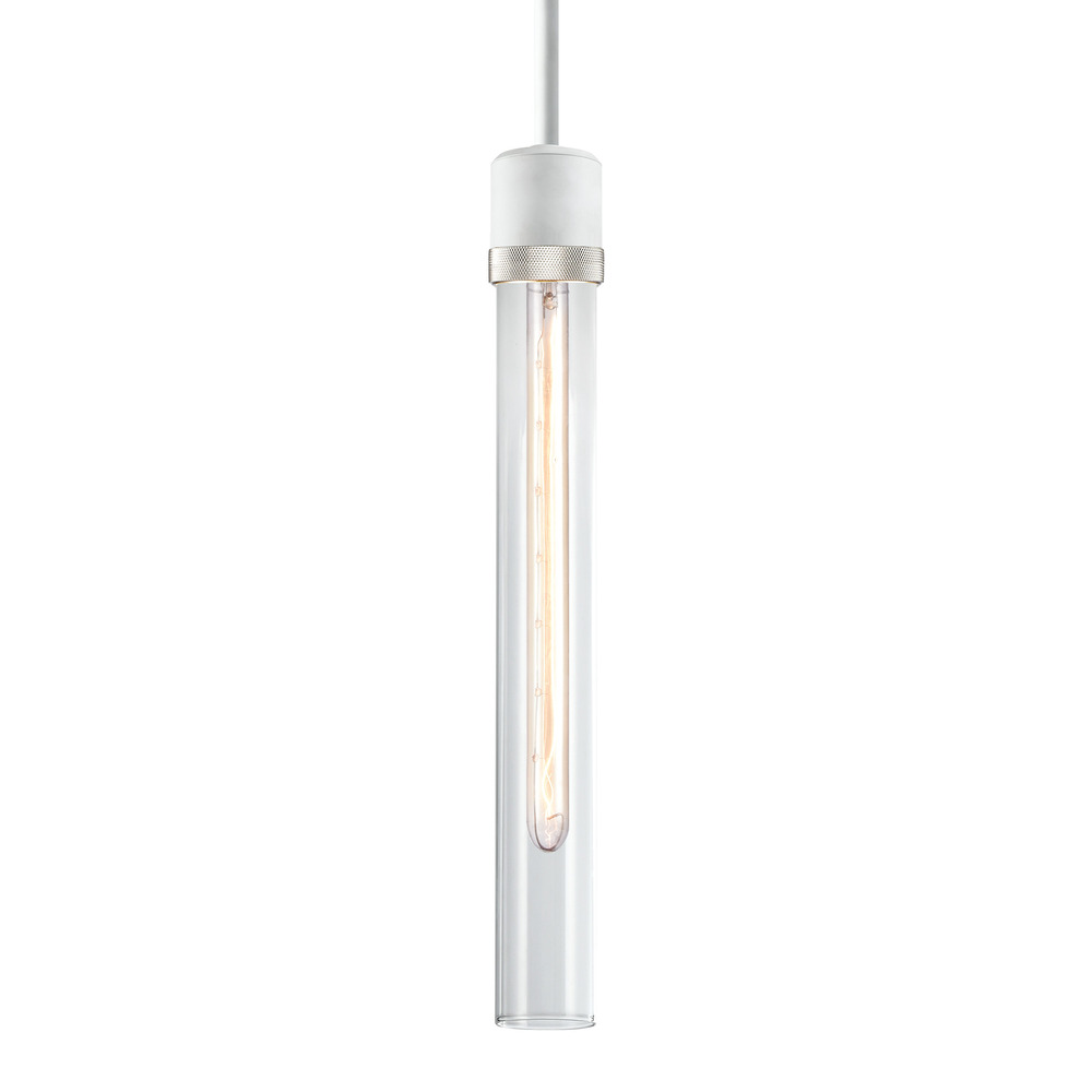 Zigrina 18" Clear Glass E26 Pendant in White with Knurled Ring in Nickel