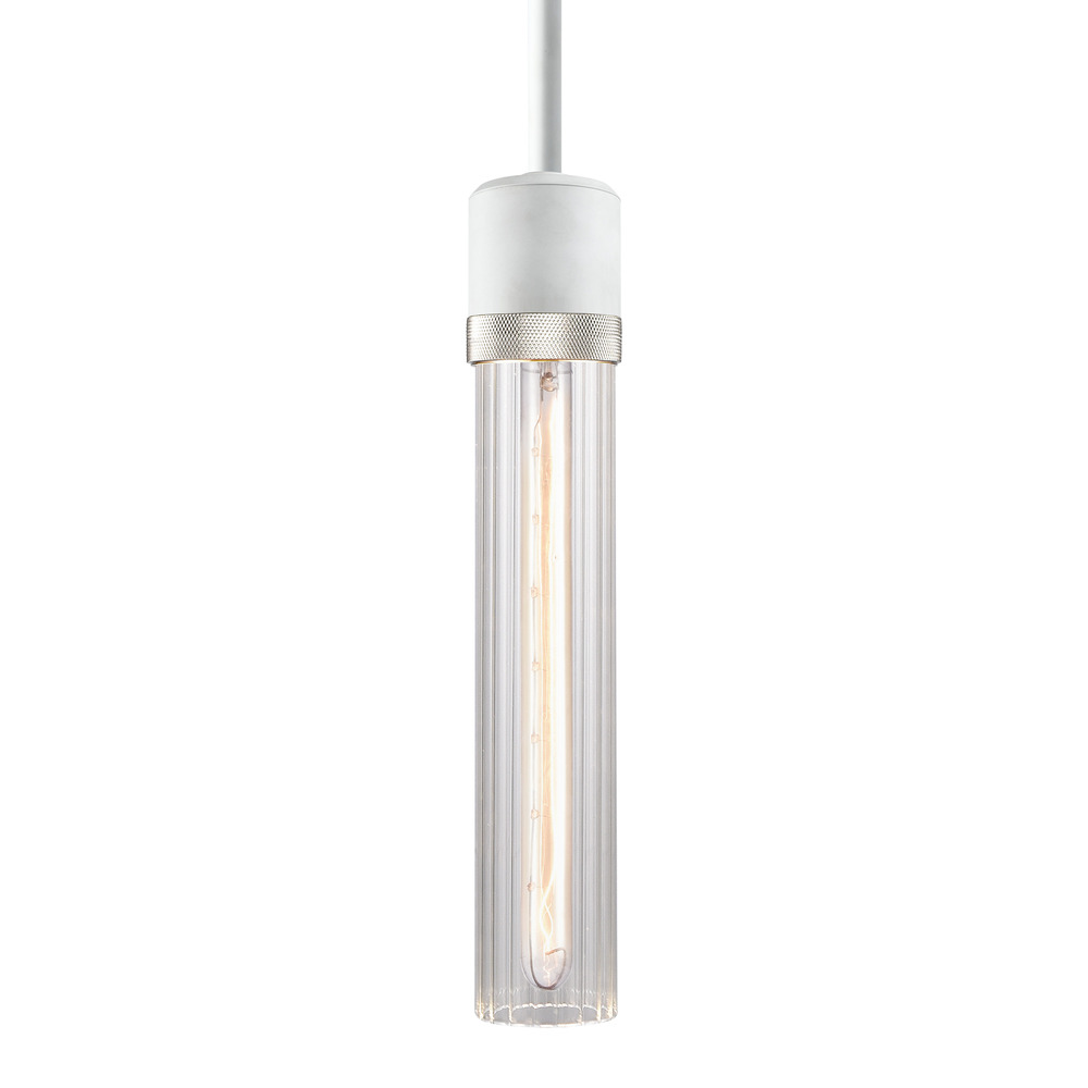 Zigrina 12" Fluted Glass E26 Pendant in White with Knurled Ring in Nickel