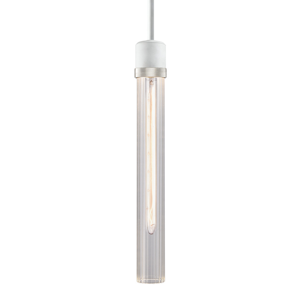 Zigrina 18" Fluted Glass E26 Pendant in White with Knurled Ring in Nickel
