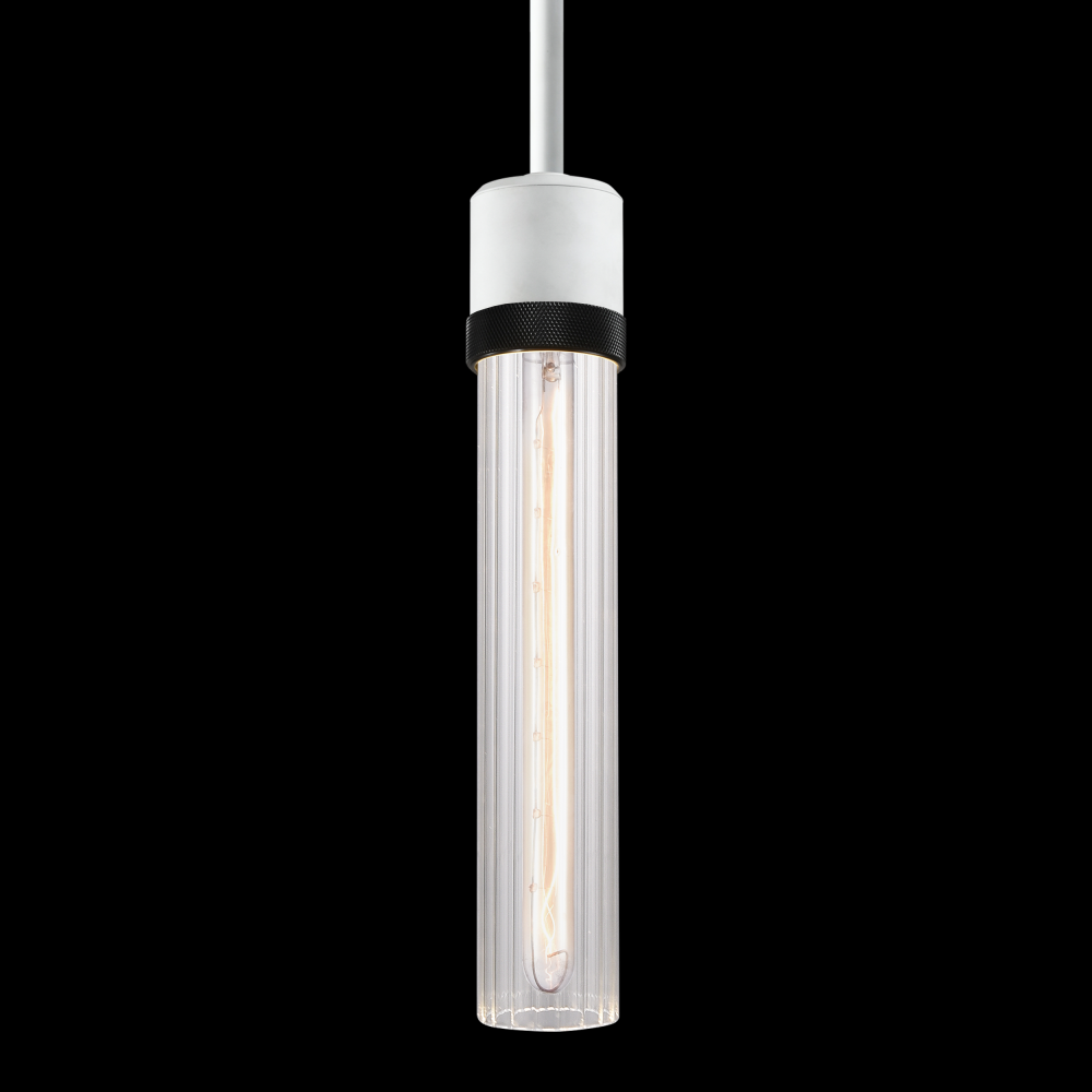 3" E26 Cylindrical Pendant Light, 12" Fluted Glass and Matte White with Black Finish