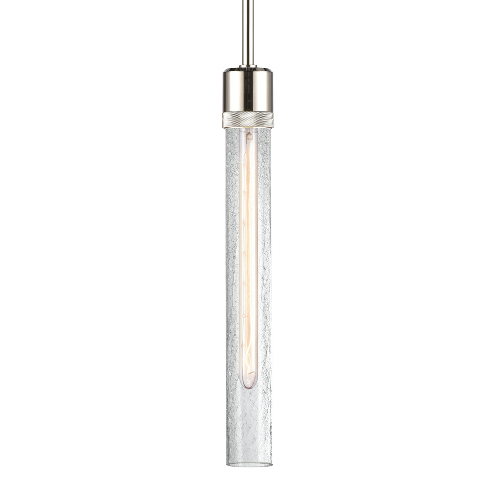 Zigrina 18" Crackled Glass E26 Pendant with Knurled Ring Polished Nickel