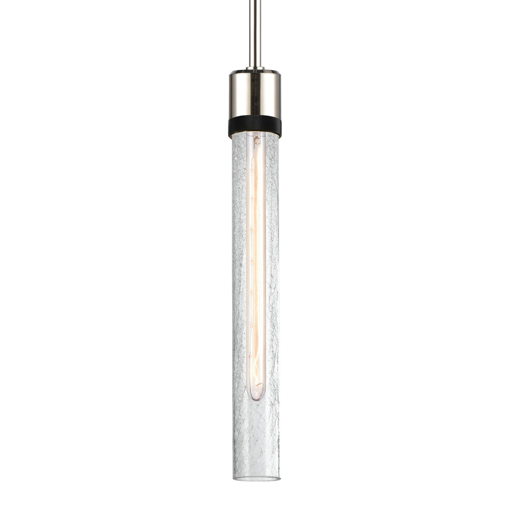 Zigrina 18" Crackled Glass E26 Pendant in Nickel with Knurled Ring in Black