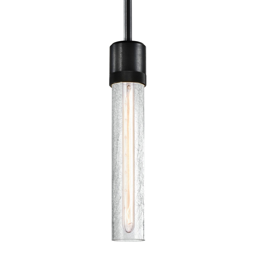 Zigrina 12" Crackled Glass E26 Pendant with Knurled Ring Satin Black
