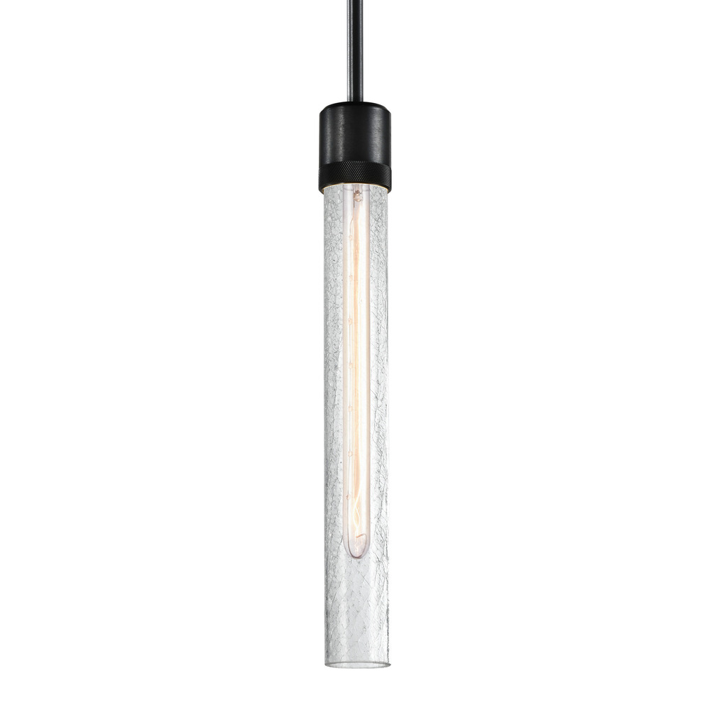Zigrina 18" Crackled Glass E26 Pendant with Knurled Ring Satin Black