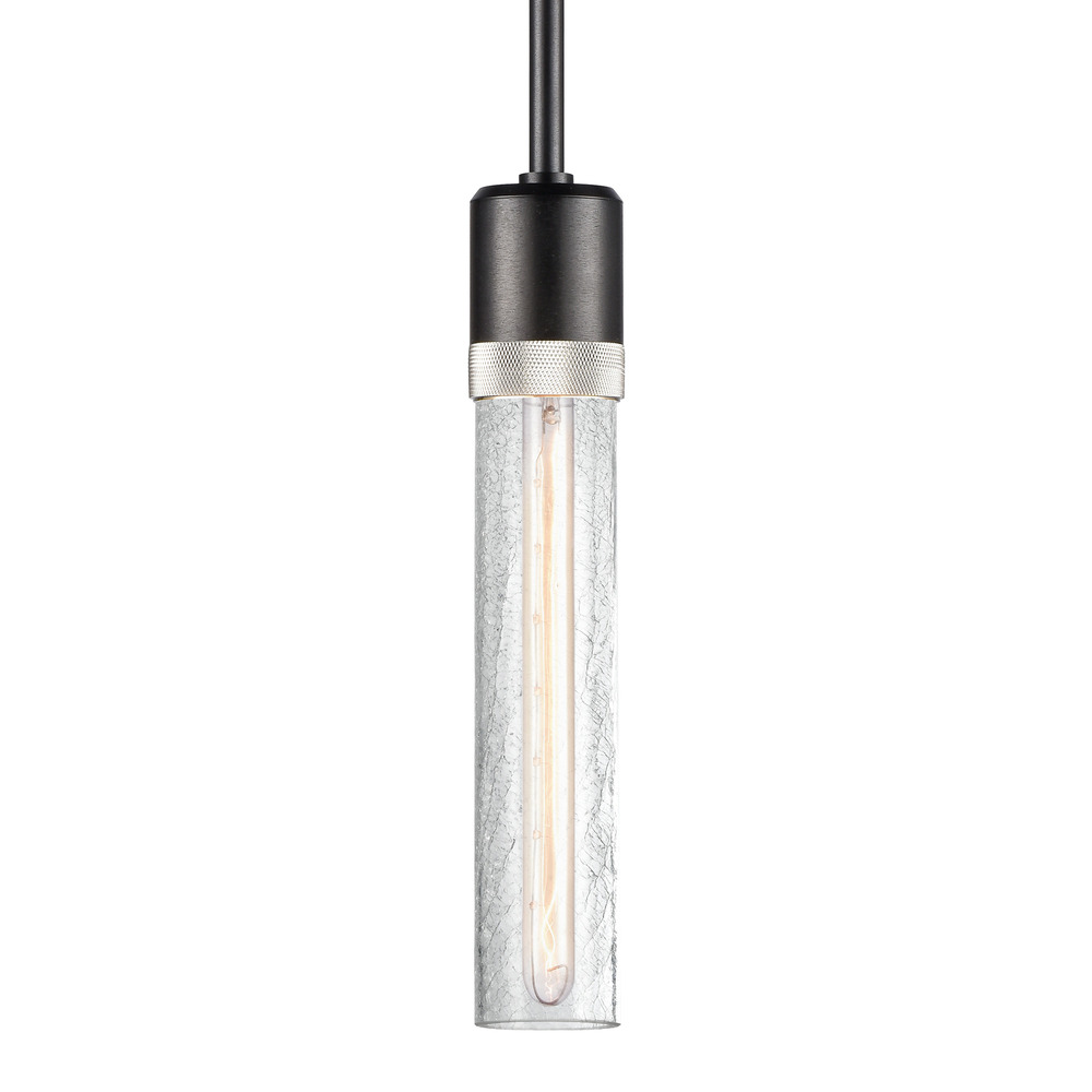 Zigrina 12" Crackled Glass E26 Pendant in Black with Knurled Ring in Nickel