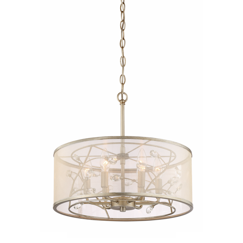 Vine 17" 6-Light, Organza Drum Shade Crystal Pendant in Silver