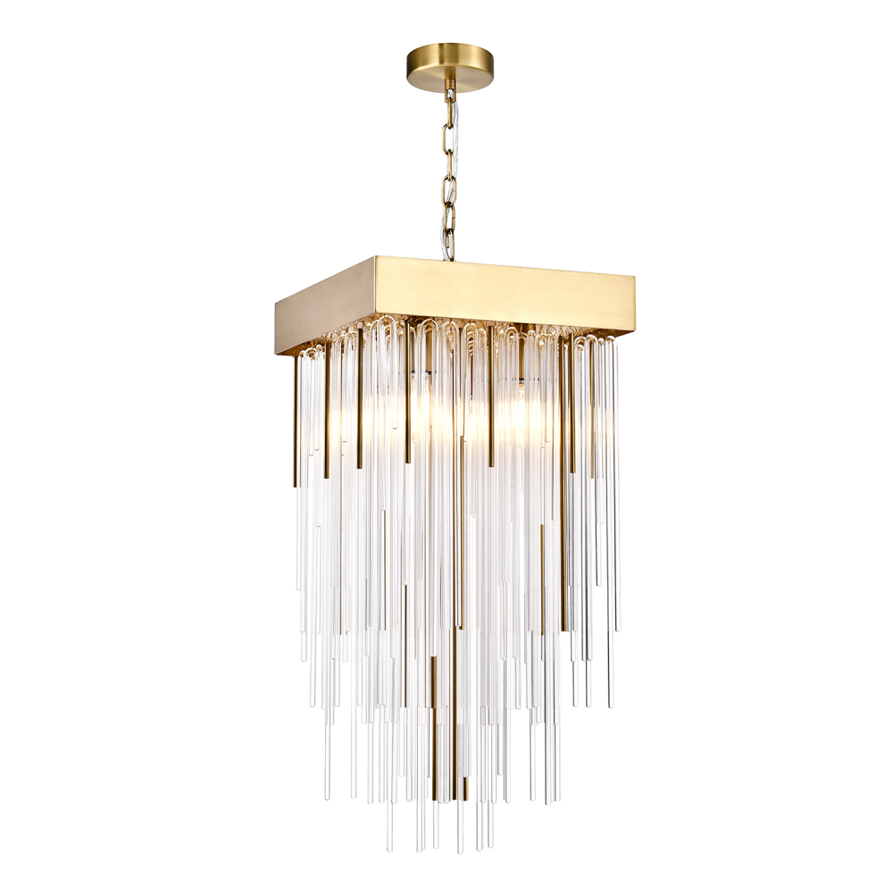 Waterfall 12" 4-Light, Square Glass Pendant in Aged Brass