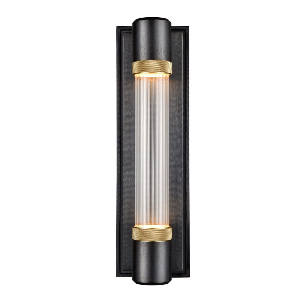 Zigrina 18" Fluted Glass LED Wall Sconce in Black with Knurled Rings Brass