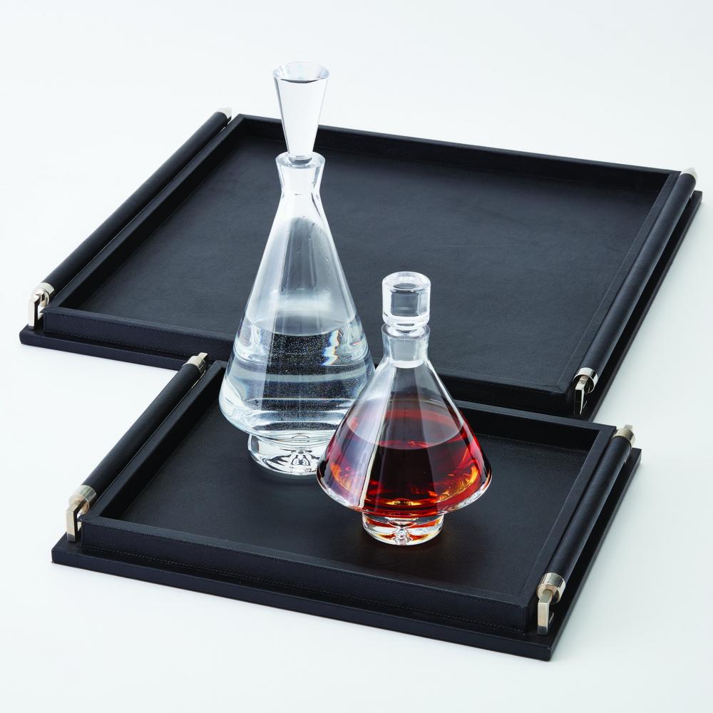 Wrapped Handle Tray-Black Leather-Lg